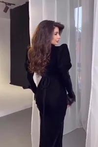 Elegant black palace style long sleeve dress with velvet texture and lace cuffs