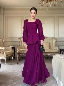 Elegant purple long-sleeved two-piece dress set with floral appliques for women.