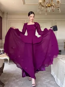 Elegant purple long-sleeved vintage maxi dress set for women, 2025 autumn collection.