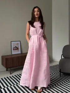 Women Sleeveless Maxi Dress Solid Color Round Neck Drawstring Waist Long Sundress With Pockets Casual Summer Beach Party Dress