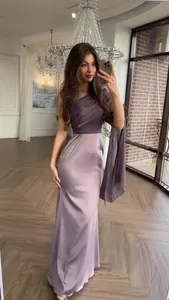 Elegant one-shoulder purple satin maxi dress with flowing sleeve and pleated bodice details