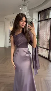 Elegant mauve satin one-shoulder evening gown with pleated bodice and slim fit design