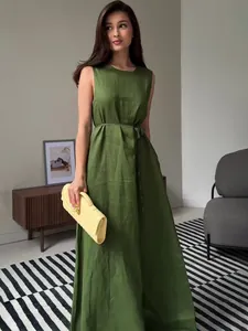 Elegant sleeveless olive green maxi dress for women, perfect for casual summer outings.