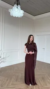 Elegant chocolate brown silk-like evening dress featuring an asymmetrical cape sleeve