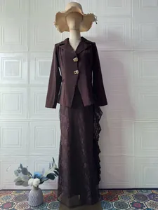 Elegante bruine blazer en kanten lange rok set voor herfst avondkleding in twee delen