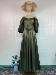 Elegant dark green off-shoulder satin gown with puff sleeves, royal princess style floor-length