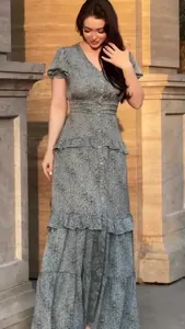 Elegant vintage grey floral tiered maxi dress with V-neck and short sleeves for summer