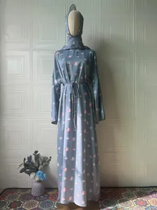 Elegant floral print maxi dress with matching hijab and waist tie for women