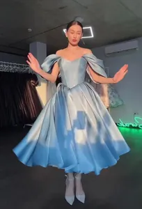 Detail showing elegant light blue off-shoulder princess style luxury evening gown