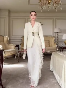 Elegant Dames Blazer en Kant Maxi Rok Bovenkant en Onderkant Lange Mouw Slanke Pasvorm Feest Herfst Polyester Kleding