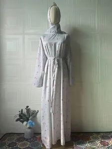 Full view of elegant floral print long sleeve maxi dress with matching hijab