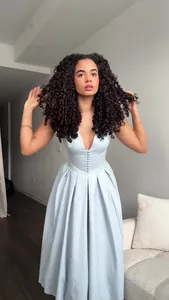 Elegant light blue sleeveless V-neck pleated long dress for stylish women's spring wear