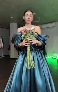 Elegant dark teal satin off-the-shoulder puff sleeve evening gown for formal galas