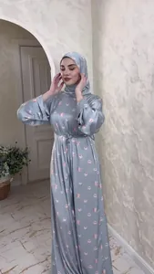 Elegant floral print long-sleeve maxi dress with matching hijab for women summer