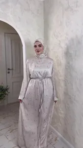 Elegant floral print long-sleeved satin dress with matching hijab for women