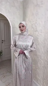 Elegant pearl satin maxi dress featuring rose print and matching hijab for formal events