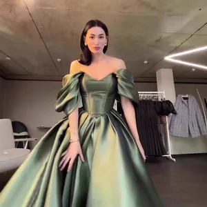 Luxurious olive green off-the-shoulder satin princess ball gown for formal events