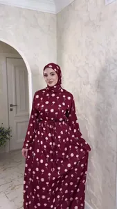 Elegant maroon floral print long sleeve maxi dress with matching hijab for women
