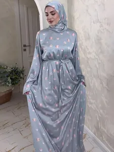 Women Elegant Polyester Floral Printed Maxi Dress And Headscarf Set Muslim Abaya Loose Long Sleeve Pullover Dress For Daily Vacation