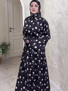 Elegant black floral printed long sleeve maxi dress with matching hijab for modest women