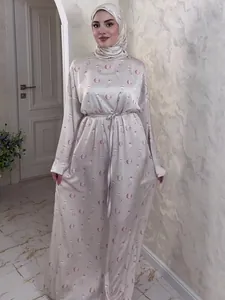 Elegant floral print satin maxi dress with long sleeves and belted waist in cream