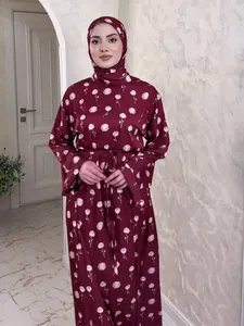 Elegant maroon floral print long-sleeved maxi dress set with matching hijab scarf