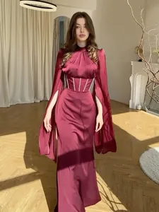 Damen Elegant Satin Look Maxi Kleid Langarm Split Cape Ärmel Korsett Taille Schlanke Passform Einfarbig Abendkleid