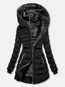 Veste d'hiver noire mi-longue pour femme avec capuche doublée de fausse fourrure