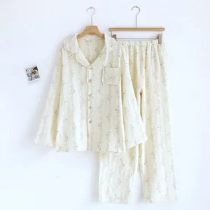 Close-up of sweet floral pattern on a soft cotton gauze long-sleeved pajama set
