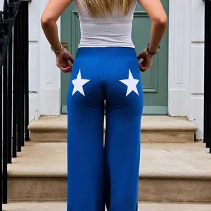 Blaue Damen-Freizeithose mit weitem Bein und weißem Sternmuster auf der Rückseite