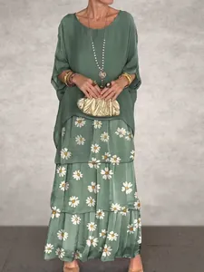 Sage green loose top and daisy floral print tiered maxi skirt bohemian two-piece set for women
