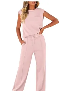 Conjunto de ocio de dos piezas rosa para mujer, top sin mangas y pantalón con cordón ajustable