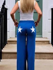 Blaue Damen-Freizeithose mit hoher Elastizität und weißem Sternmuster auf der Rückseite