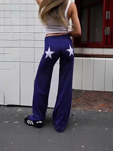 Blaue Damen-Freizeithose mit weitem Bein und weißem Stern-Stickerei-Print