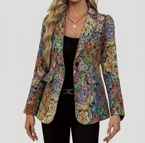 Front view of vintage floral oil painting style blazer with elegant one-button design.