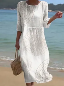 Elegant white 3/4 sleeve maxi dress with unique 3D spiral print for beach vacation