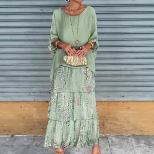 Women Casual Two-Piece Set Top And Bottom Solid Color Round Neck Long Sleeve Loose Top Tiered Floral Skirt Bohemian Spandex Polyester Vacation Set