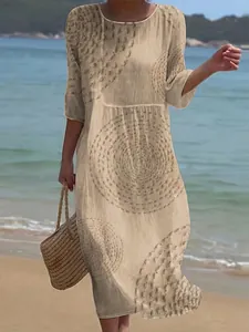 Bohemian beige maxi dress featuring 3D digital circular print and elegant round neck