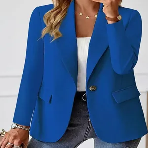 Elegante koningsblauwe effen damesblazer in grote maten met ontwerp met één knop