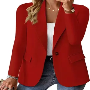 Professionele rode slim fit blazer voor dames met eenknoopsluiting en klepzakken