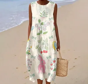 Sleeveless casual maxi dress with cute rabbit and flower prints for summer beach wear