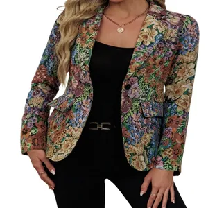 Elegant vintage floral print one-button blazer for women with a sophisticated fit