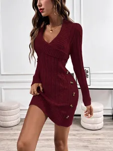 Elegant burgundy cable knit bodycon dress with side buttons and sexy wrap V-neckline