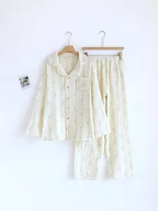 Fresh sweet style floral cotton gauze pajama set with long sleeve top and long pants for women