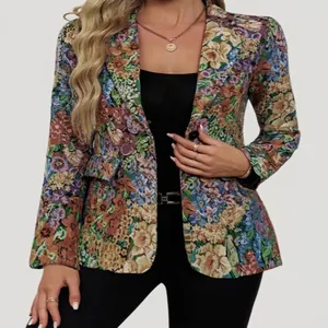 Elegant women's floral blazer jacket with one-button closure and vintage tapestry pattern