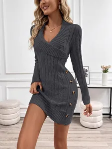 Elegant charcoal grey cable-knit mini dress with a sexy V-neck and long sleeves