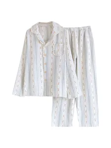 Cozy floral long-sleeve cotton gauze pajama set with vertical stripes and buttons