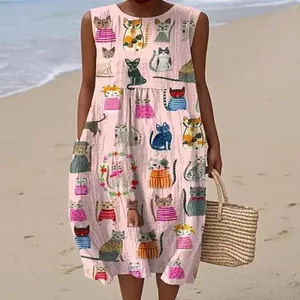 Pink sleeveless midi dress with whimsical cat print and side pockets for summer holiday