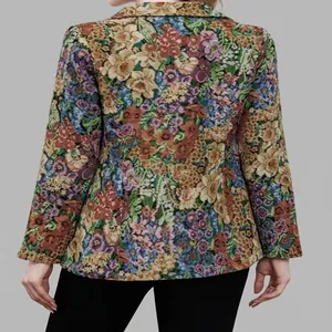Back view of a vintage floral tapestry blazer for women with elegant tailored fit