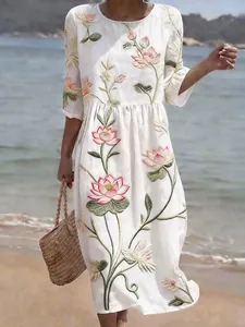 Elegant white 3D floral printed long dress with 3/4 sleeves and round neck for summer beach